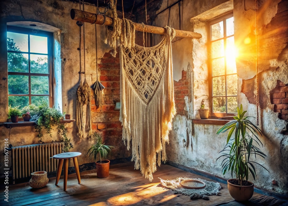 Obraz premium Urban Exploration: Boho Driftwood & Macrame Wall Decor in Abandoned Building