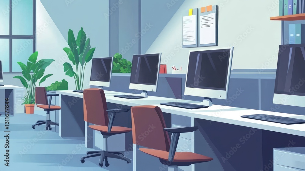 Modern office interior, rows of computers, plants, daylight, work environment Modern office interior, rows of computers, plants, daylight, work environment