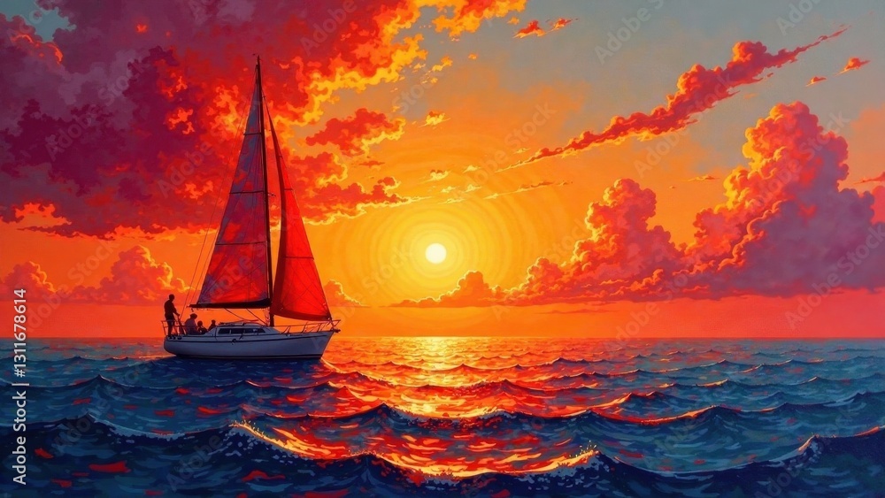 Fototapeta premium Sailing into a Vibrant Sunset A Serene Ocean Scene with a Sailboat and Passengers Enjoying the Golden Hour