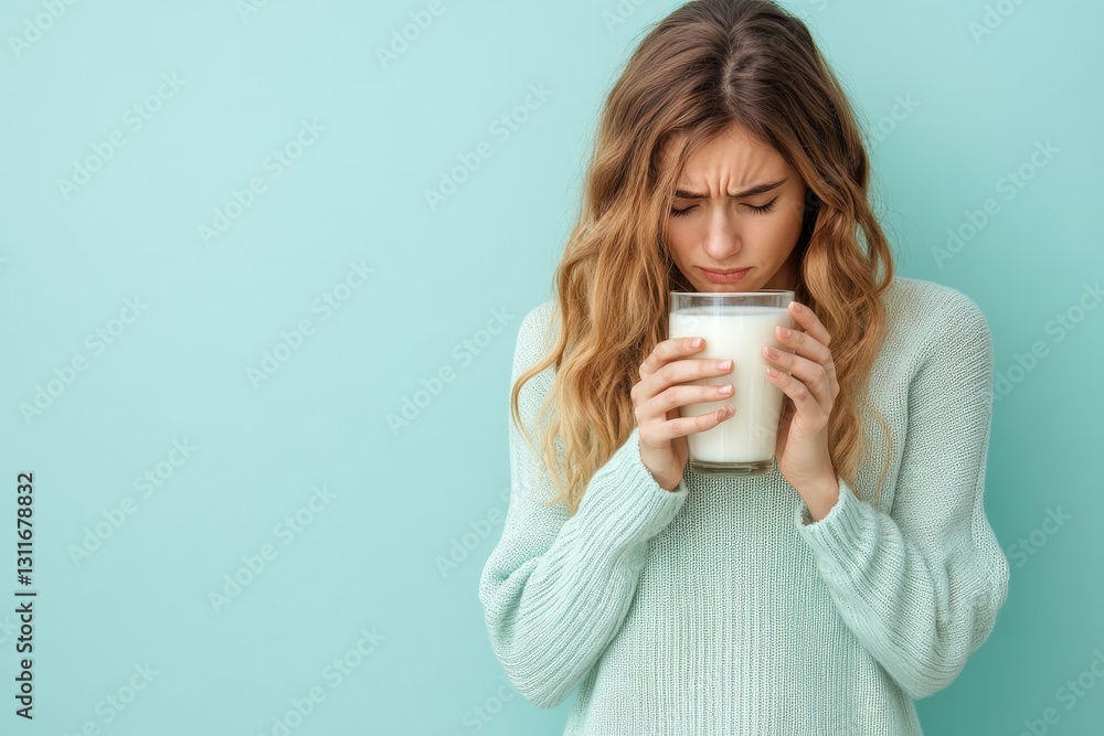 Woman Disgusted by Milk Glass Dairy Product Lactose Intolerance Unhappy Expression Negative Reaction Food Woman Disgusted by Milk Glass Dairy Product Lactose Intolerance Unhappy Expression Negative Reaction Food