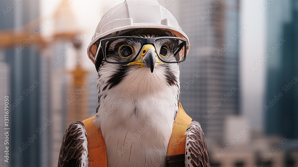 Fototapeta premium Bird wearing a hard hat and safety glasses. The bird is standing in front of a city skyline