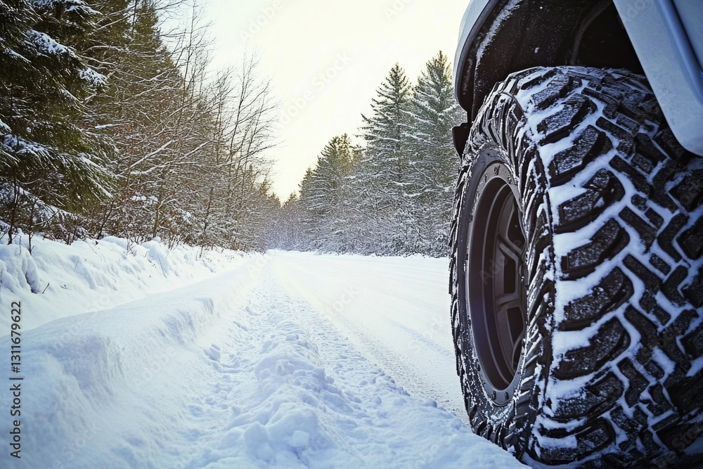 A truck equipped for off-road use, parked on a snowy trail. A truck equipped for off-road use, parked on a snowy trail.