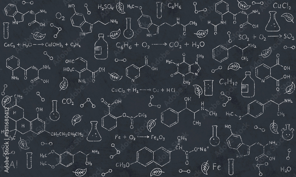 Background with drawn chemical formulas, structural hexagons. Back to school. Illustration on the school theme. Getting an education in organic chemistry. Scientific, school background for advertising Background with drawn chemical formulas, structural hexagons. Back to school. Illustration on the school theme. Getting an education in organic chemistry. Scientific, school background for advertising