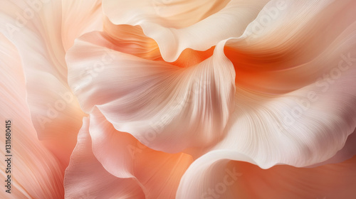 A macro shot of organic flowing forms resembling nature's softest elements, intricate surface details with silky reflections, warm peach and ivory gradients creating a soothing effect