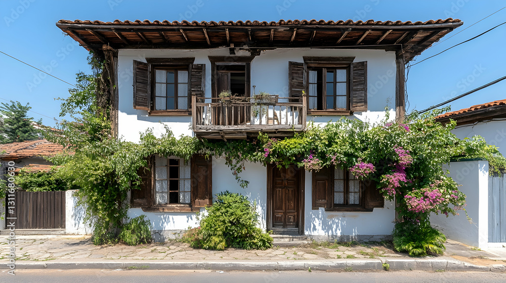 Charming White House with Wooden Shutters and Vibrant Vines Charming White House with Wooden Shutters and Vibrant Vines