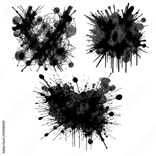 Set of splashes and strokes of black watercolor paint. black ink splashed on a white background, forming tonal color transitions. Ink stains flow down.
