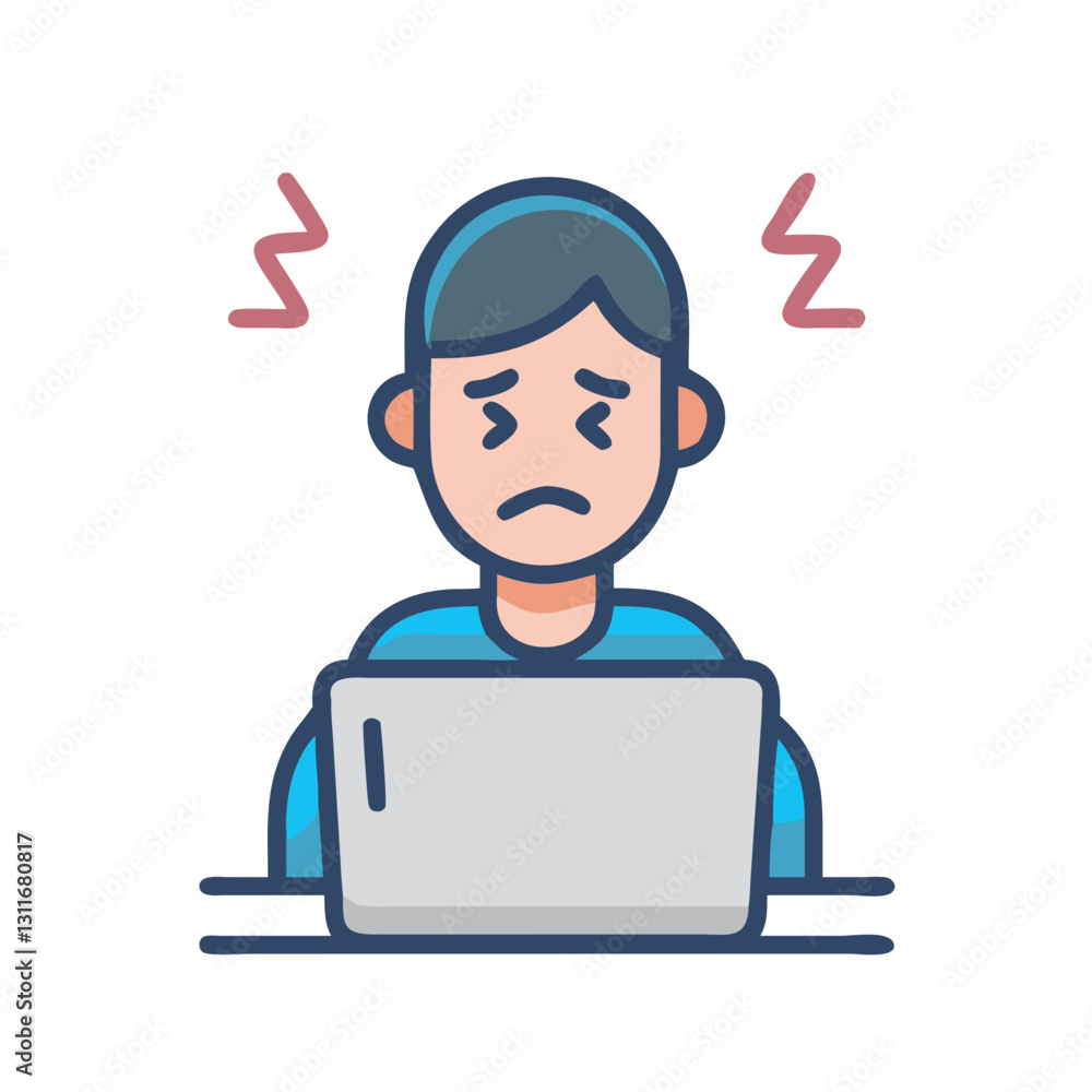 Stressed office worker at laptop illustration Stressed office worker at laptop illustration