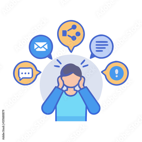 Stressed person surrounded by messages and notifications