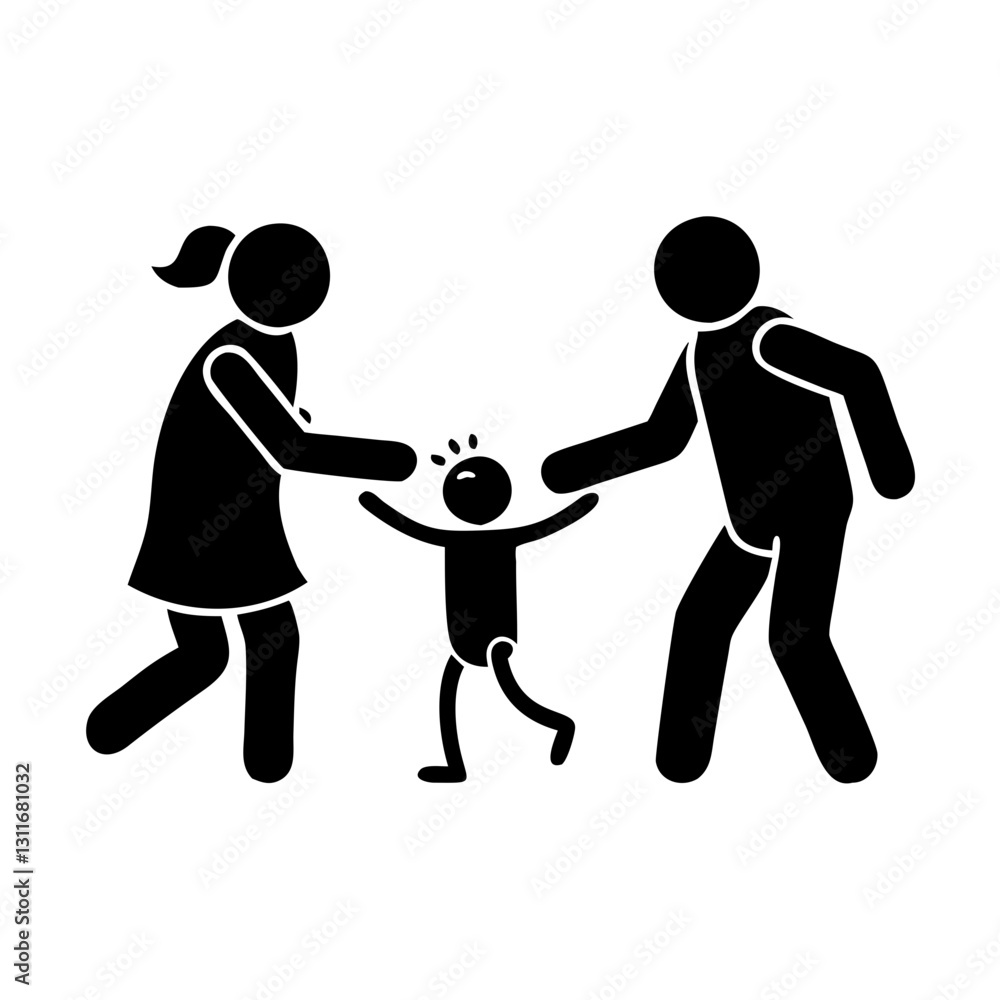 Silhouette of parents fighting over child Silhouette of parents fighting over child