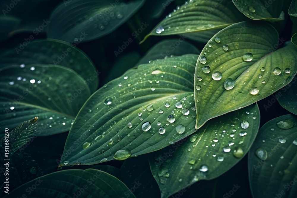 Obraz premium Macro Shot of Green Leaves with Water Droplets and Dark Background