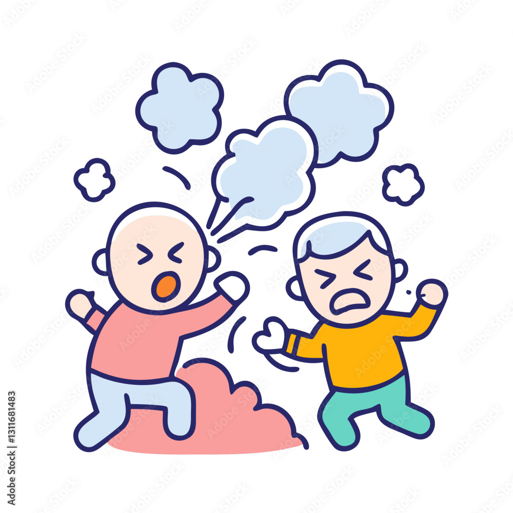 Two cartoon figures fighting with steam clouds Two cartoon figures fighting with steam clouds