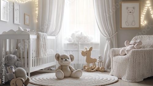 A warm and cozy newborn baby room with soft pastel colors and a gentle, dreamy atmosphere. A white wooden crib with delicate bedding sits near a window with flowing sheer curtains. Plush toys, includi