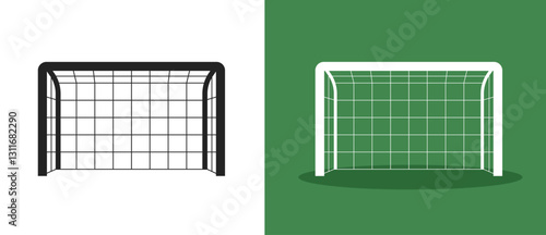 Soccer goal icon simple graphic sign symbol illustration set, black white football goalpost pictogram isolated on green background image clip art
