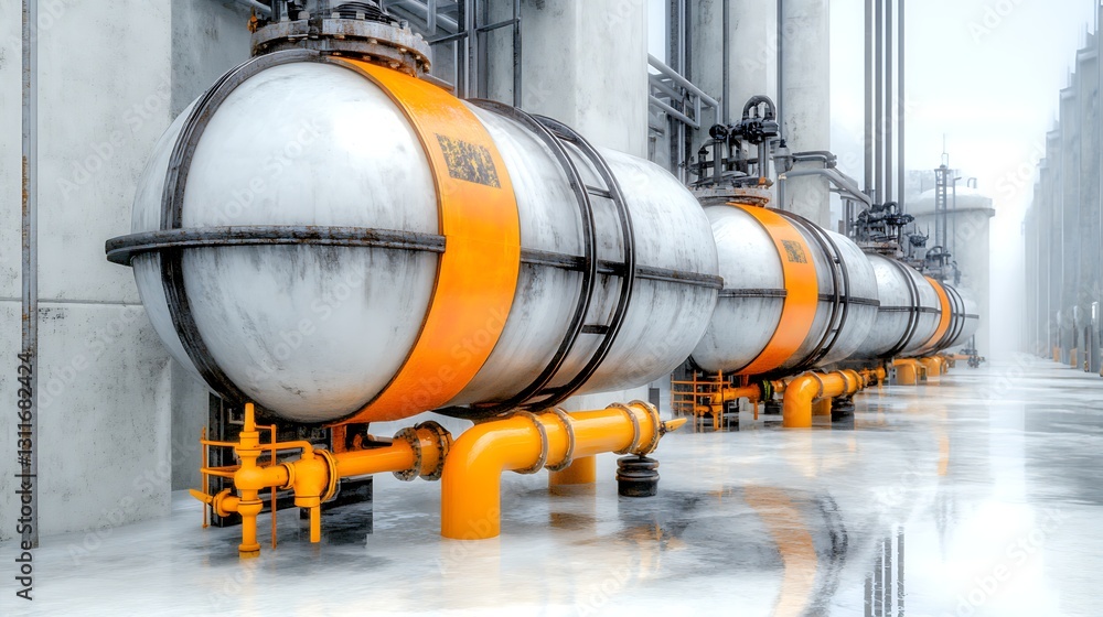 Industrial Refinery Row of Large Metal Storage Tanks Pipes and Wet Concrete Floor Industrial Refinery Row of Large Metal Storage Tanks Pipes and Wet Concrete Floor