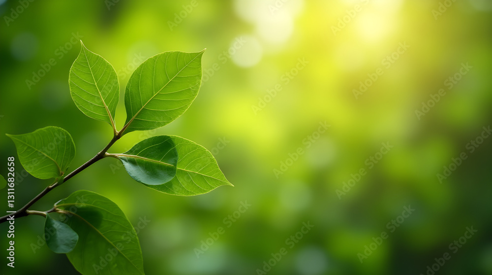 Green Leaves on Branch in Sunlight Bokeh Blurred Background Nature Photo Green Leaves on Branch in Sunlight Bokeh Blurred Background Nature Photo
