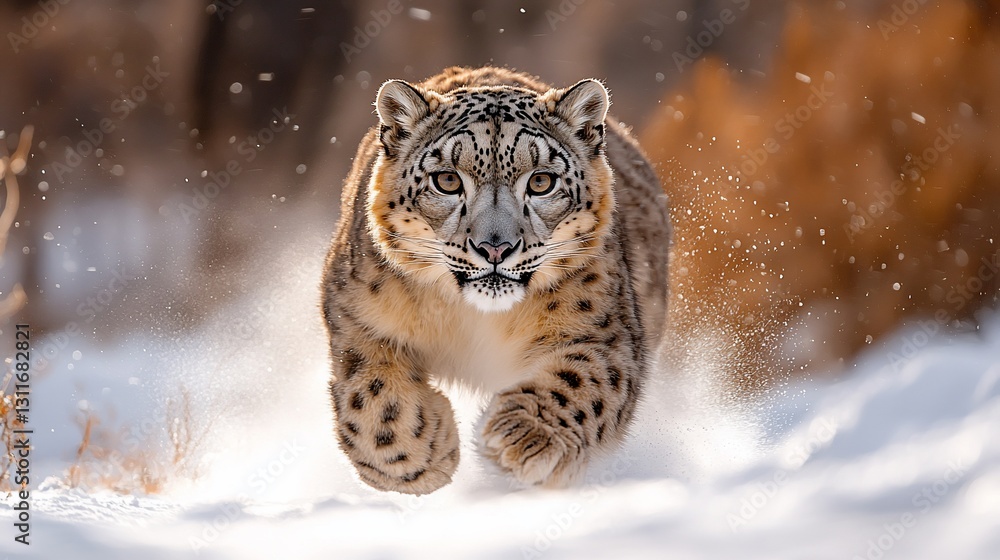 Obraz premium Snowy landscape with a snow leopard running swiftly through the snow, showcasing its agility