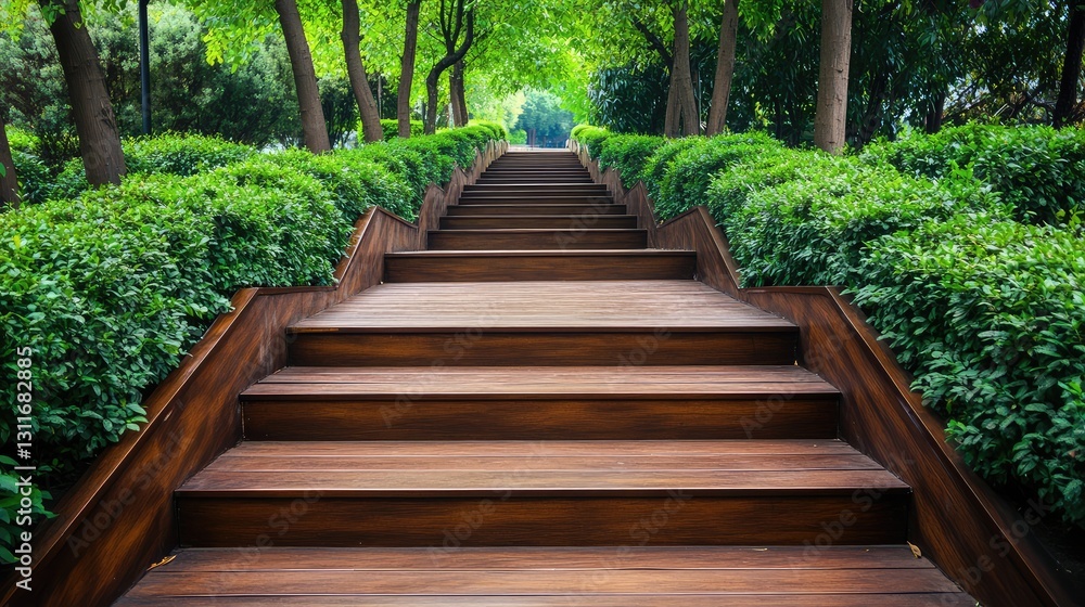 A modern wooden staircase with wide steps, surrounded by green plants, symbolizing a healthy lifestyle with ample space for text or branding. A modern wooden staircase with wide steps, surrounded by green plants, symbolizing a healthy lifestyle with ample space for text or branding.