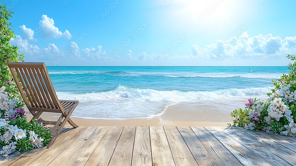 Obraz premium Serene Beach Scene with Wooden Chair and White Flowers