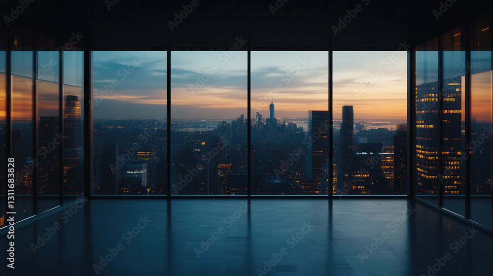 Fototapeta premium Stunning city skyline view at sunset from modern office space