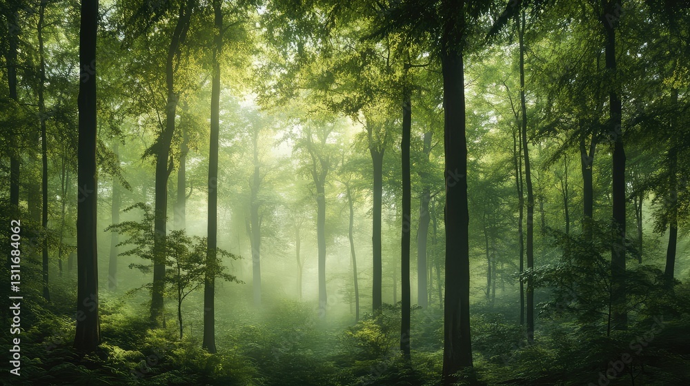 Obraz premium A quiet, foggy morning in a dense forest with towering trees, symbolizing belief in the journey ahead, with plenty of empty space for ideas.