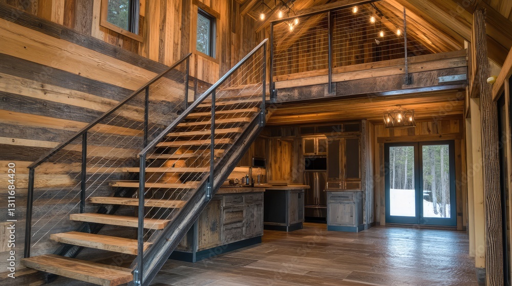 Obraz premium A rustic indoor staircase made from reclaimed wood, featuring iron railings, with blank space on the walls for potential text or graphic designs.