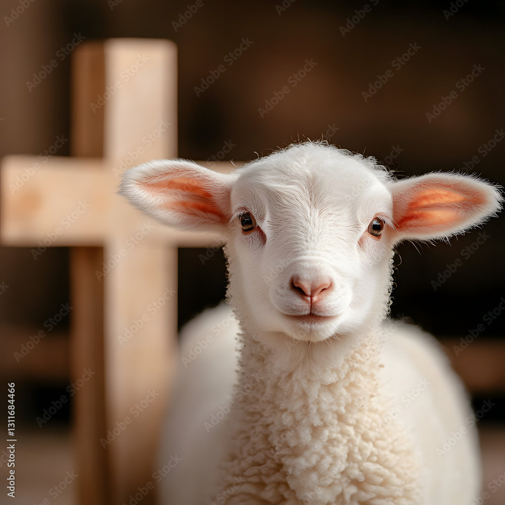 White lamb with wooden cross in soft warm lighting White lamb with wooden cross in soft warm lighting
