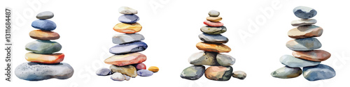 Set watercolor balanced tower of stacked pebbles zen stone pyramid isolated on transparent background