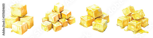Set watercolor stacked cubes of melted butter isolated on transparent background