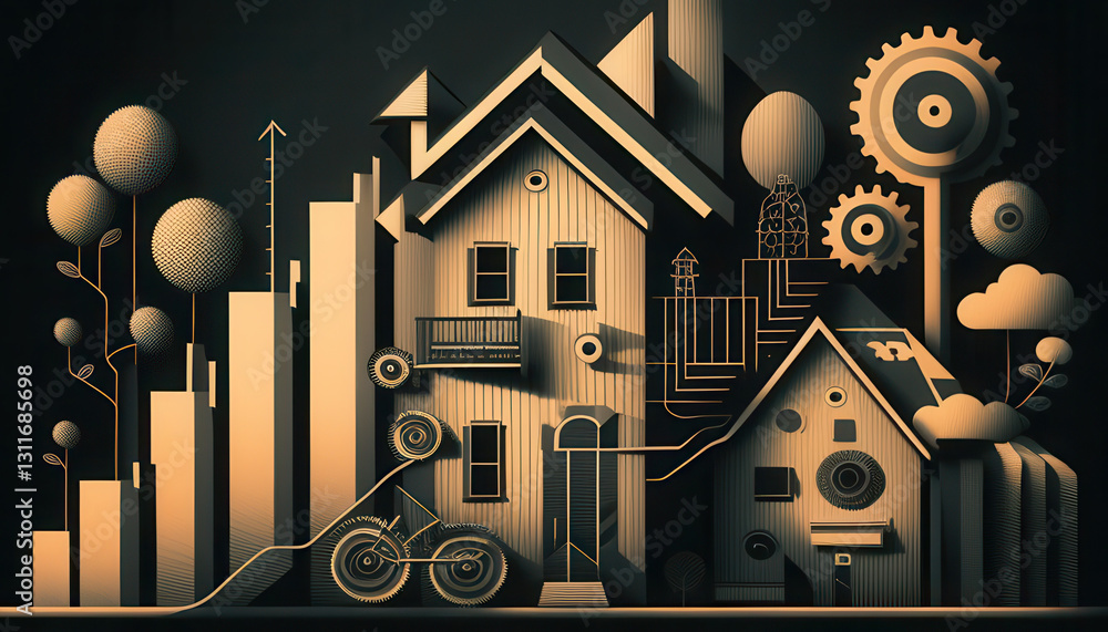 refined illustration of real estate growth featuring stylized houses, gears, and trees, showcasing blend of nature and architecture refined illustration of real estate growth featuring stylized houses, gears, and trees, showcasing blend of nature and architecture