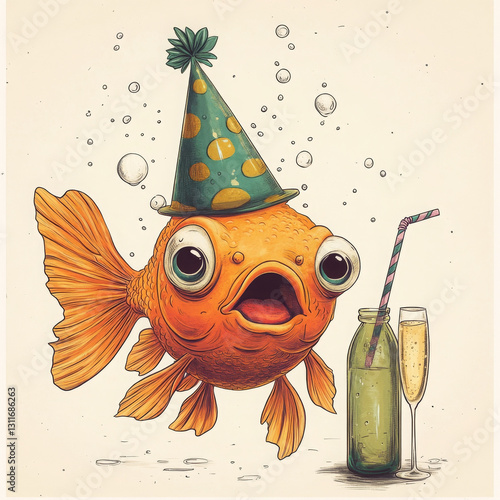 whimsical goldfish wearing party hat, surrounded by bubbles and drinks