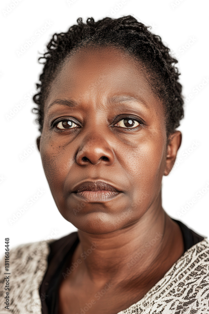 Obraz premium Woman with short natural hairstyle on white background looking directly at the camera, conveying confidence and strength in a portrait style image.