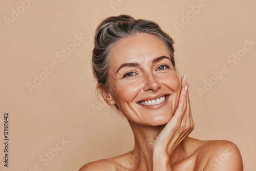 Smiling woman with natural beauty and radiant skin against a soft beige background. Generated AI