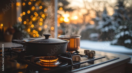 Winter Cooking, steaming pot, gas stove, snowy sunset photo