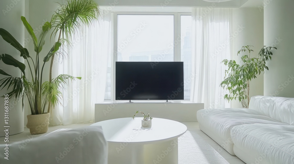 Fototapeta premium Modern apartment living room, city view, plants, minimal design, home decor