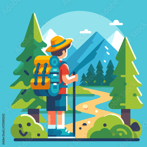 Hiker enjoying mountain view with backpack and trekking poles