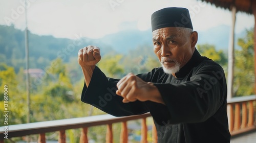 Dynamic illustration of an Indonesian man showcasing powerful Pencak Silat martial arts moves.