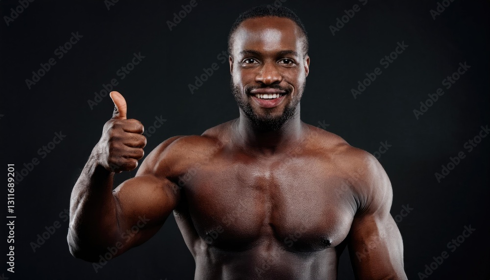 Fototapeta premium Muscular Man Shows Thumbs Up Smiling Against Dark Background