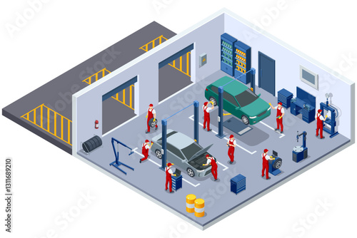 An isometric vector illustration of a car engine diagnostic test in progress, with a mechanic using advanced equipment in a tidy 3D auto repair service area.