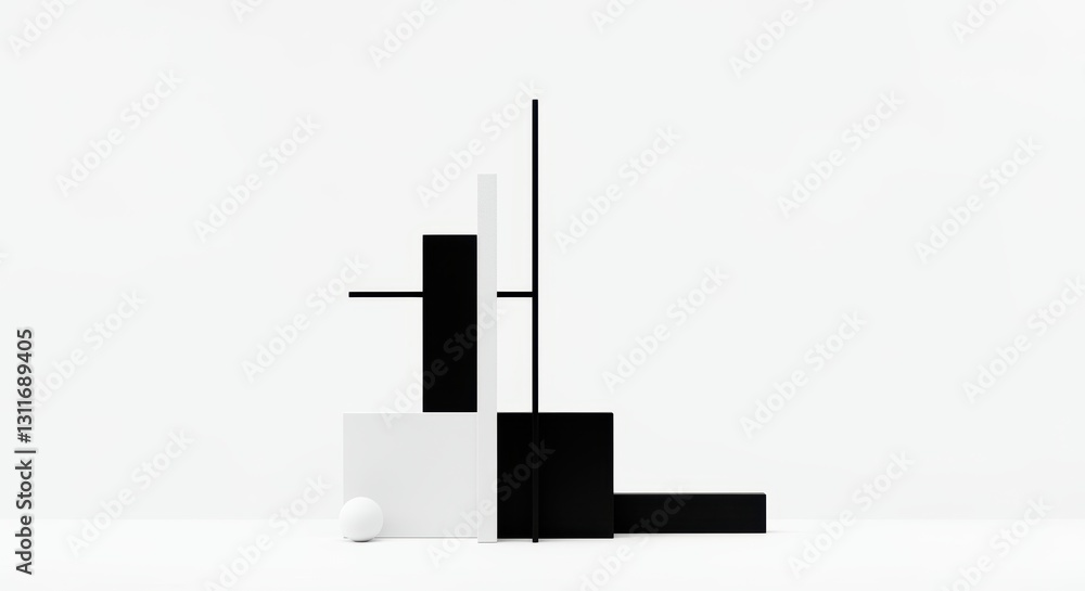 Minimalist black and white geometric arrangement with abstract shapes Minimalist black and white geometric arrangement with abstract shapes