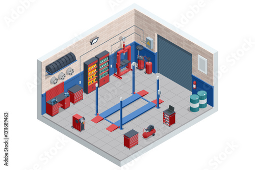 An isometric vector illustration of a car engine diagnostic test in progress, with a mechanic using advanced equipment in a tidy 3D auto repair service area.