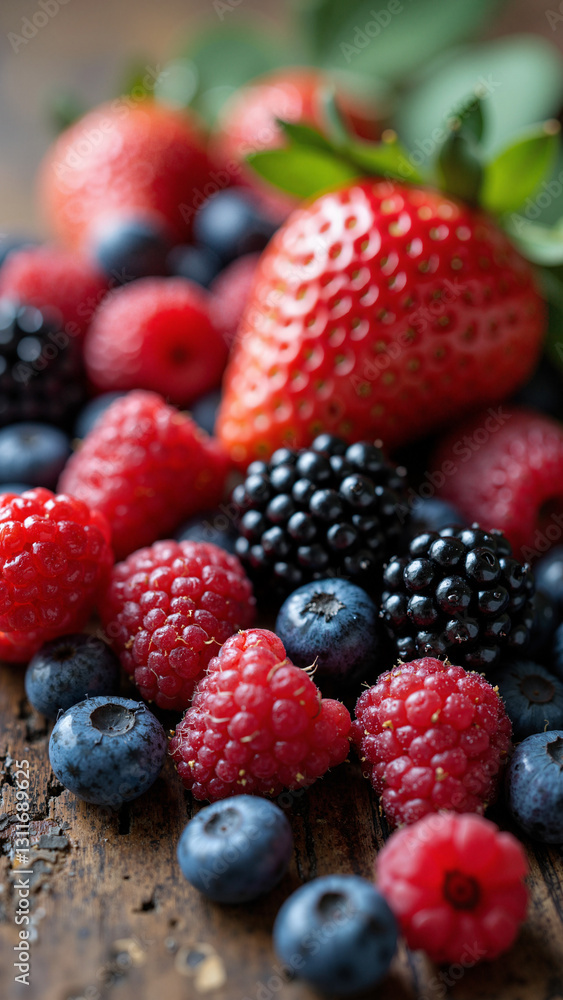Vibrant Assorted Fresh Berries on Rustic Wooden Table - Perfect for Food Blogs, Recipe Websites, and Health Promotions Vibrant Assorted Fresh Berries on Rustic Wooden Table - Perfect for Food Blogs, Recipe Websites, and Health Promotions