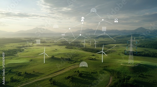 Aerial panoramic view of a centralized smart power grid system with wind turbines transmission lines