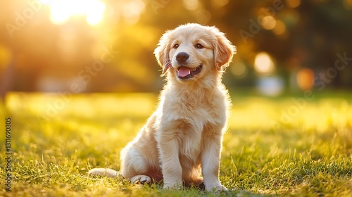 A fluffy Golden Retriever puppy sitting in a sunlit park