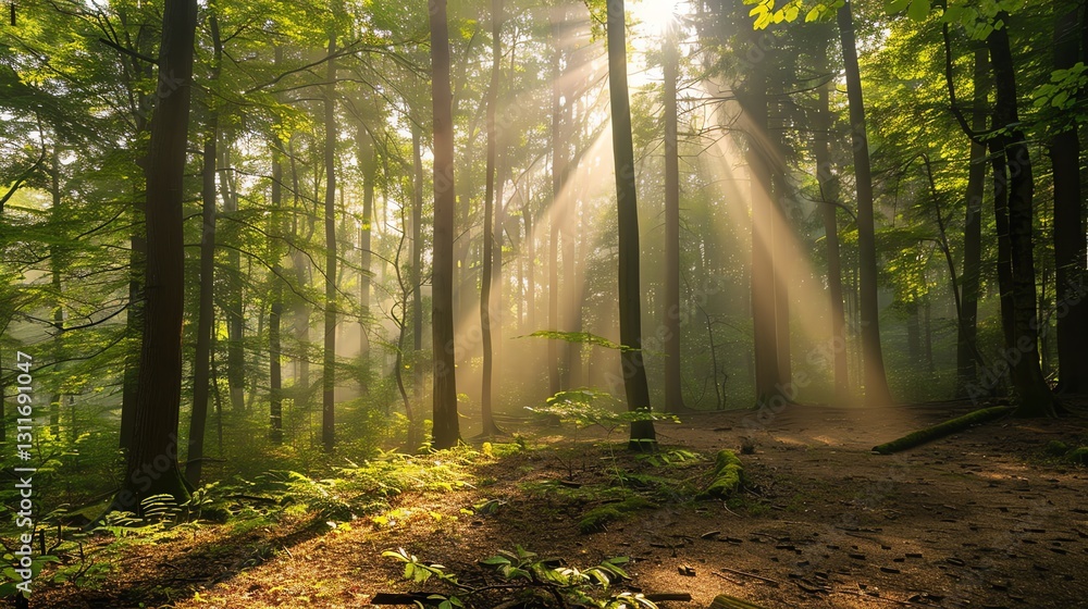 Obraz premium Sunlight streams through the trees in a misty forest.