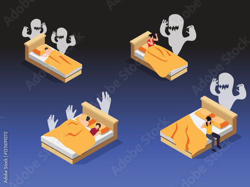 Nightmares and Sleep Paralysis - Isometric Illustration of People Experiencing Night Terrors 2d flat vector illustrations