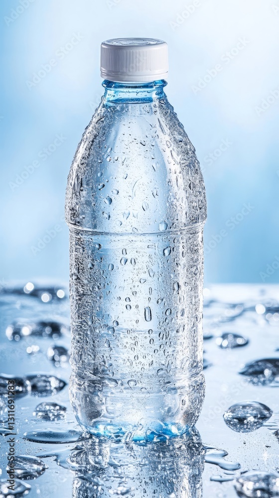 A chilled bottle of mineral water covered in condensation, surrounded by ice and illuminated by cool blue lighting. A chilled bottle of mineral water covered in condensation, surrounded by ice and illuminated by cool blue lighting.