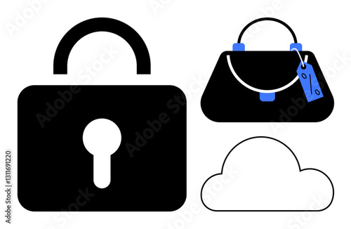 Padlock, handbag with tag, and cloud outline on a clean background. Ideal for security, privacy, data protection, cyber security, online safety personal belongings cloud storage. Simple abstract
