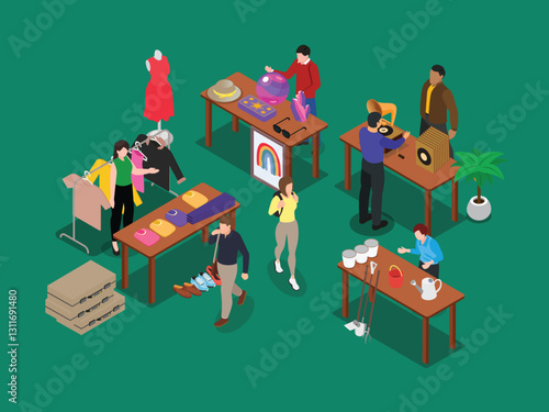 Flea Market with Various Vendors and Shoppers 2d flat vector illustrations