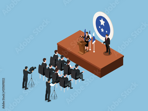 Political Press Conference and Public Speech Event 3d flat vector illustrations