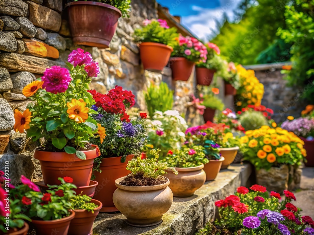 Vibrant Backyard Garden with Colorful Flowers in Pots, Stone Wall Background - Tilt-Shift Photography Vibrant Backyard Garden with Colorful Flowers in Pots, Stone Wall Background - Tilt-Shift Photography